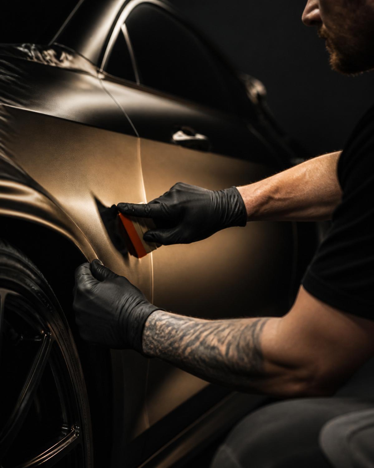 Installer squeegeeing a vehicle wrap