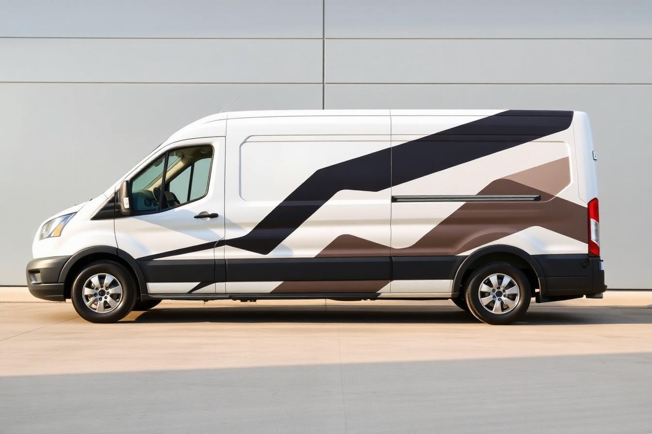 A delivery van with a bold geometric vehicle wrap design